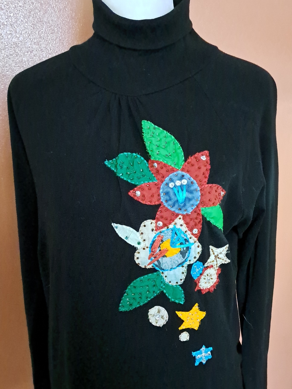 Black Embellished Floral Turtleneck Sweatshirt